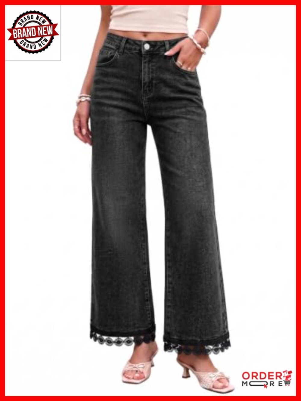 Wide Leg Jeans with Lace Hem Stretchy High Waist Denim Pants